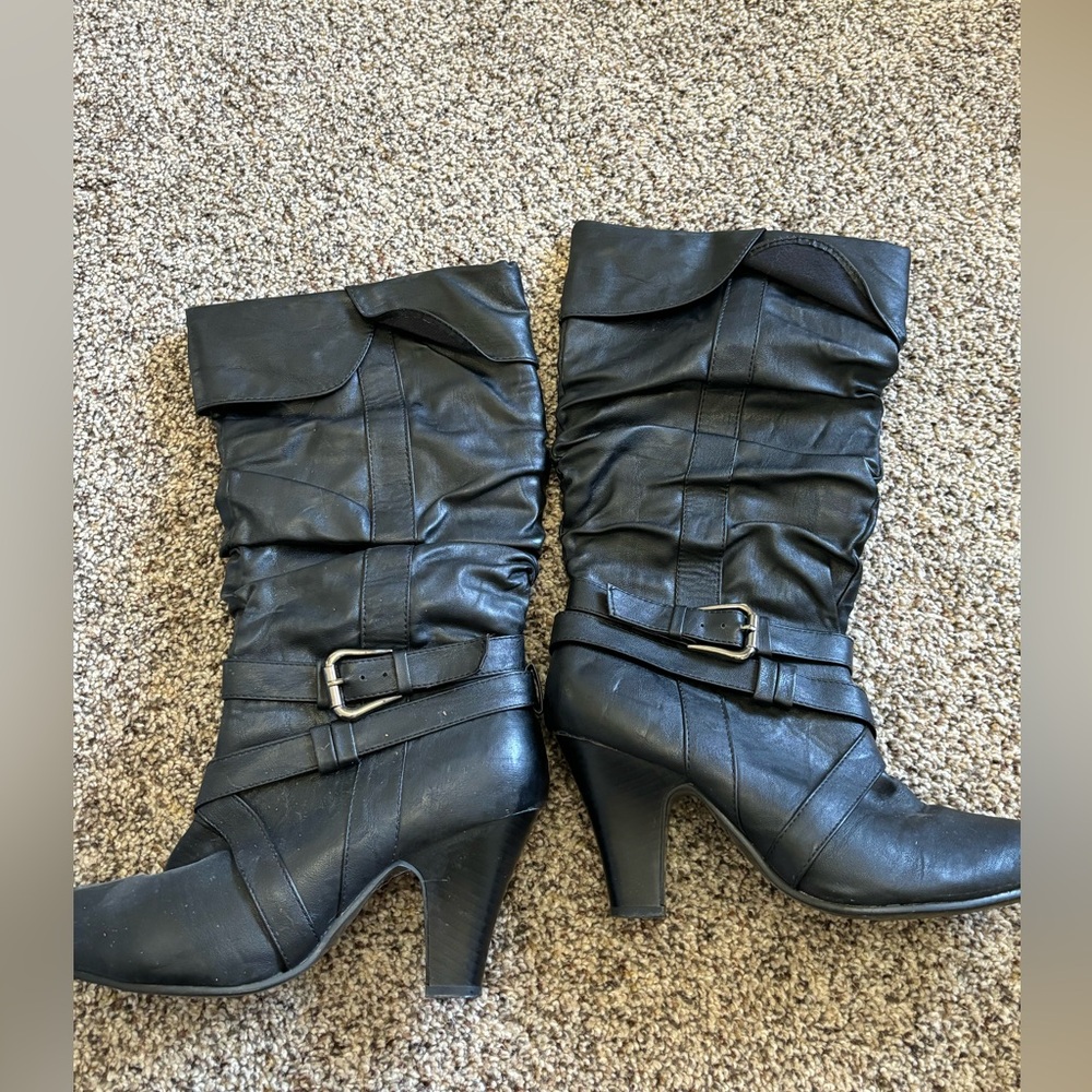 Black womens mid calf heeled boots